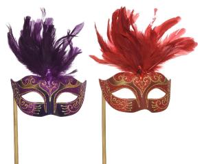 Maschera Veneziana Rossa O Viola Con Piume