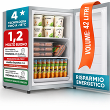 Carica l'immagine nel visualizzatore di Gallery, Stillstern Congelatore Mini 42L Silenzioso, 4 Stelle -18°C, Compatto con Serratura, Porta Reversibile, Ideale per Ufficio e Campeggio, Argento
