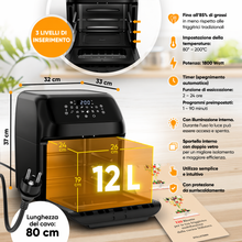 Carica l'immagine nel visualizzatore di Gallery, Stillstern Friggitrice ad Aria 12L MULTI-FryHD 1800W XXL, 12 Programmi, Touch LED, Preriscaldamento, Mantenimento Caldo, Senza Olio, Nero
